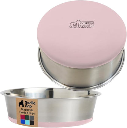 GORILLA GRIP Dog Bowls, Food Grade 304 Stainless Steel, Holds 4 Cups Each (32 fl oz) Food and Water Bowl for Feeding Dogs and Cats, Dishwasher Safe, Rust Resistant, BPA Free Rubber Base Set of 2 Pink