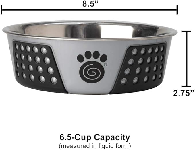 PetRageous 13099 Fiji Stainless Steel Non-Slip Dishwasher-Safe Dog Bowl 6.5-Cup Capacity 8.5-inch Diameter 2.75-inch Tall for Large and Extra Large Dogs, Light Grey and Black