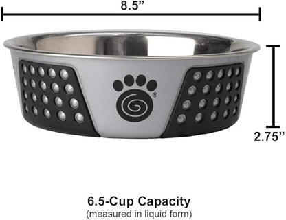PetRageous 13099 Fiji Stainless Steel Non-Slip Dishwasher-Safe Dog Bowl 6.5-Cup Capacity 8.5-inch Diameter 2.75-inch Tall for Large and Extra Large Dogs, Light Grey and Black