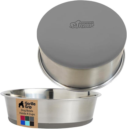 GORILLA GRIP Dog Bowls, Food Grade 304 Stainless Steel, Holds 4 Cups Each (32 fl oz) Food and Water Bowl for Feeding Dogs and Cats, Dishwasher Safe, Rust Resistant, BPA Free Rubber Base Set of 2 Gray
