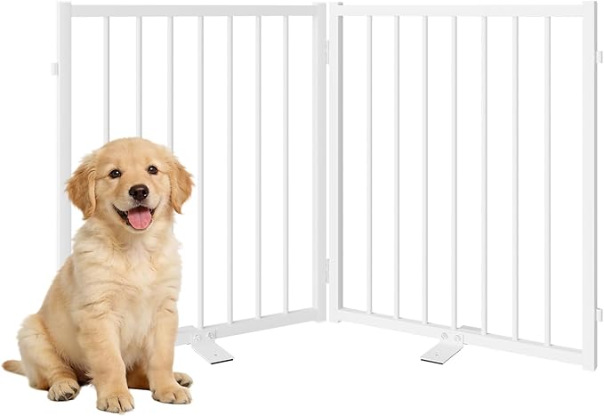 SNUOWU Full Metal Freestanding Gate with Door, 24'' Height Foldable Pet Dog Fence for Indoor & Outdoor, 2 Panels Extra Wide Free Standing Small Dog Gates for Doorways,House,Stairs,Porch,Deck,Yard