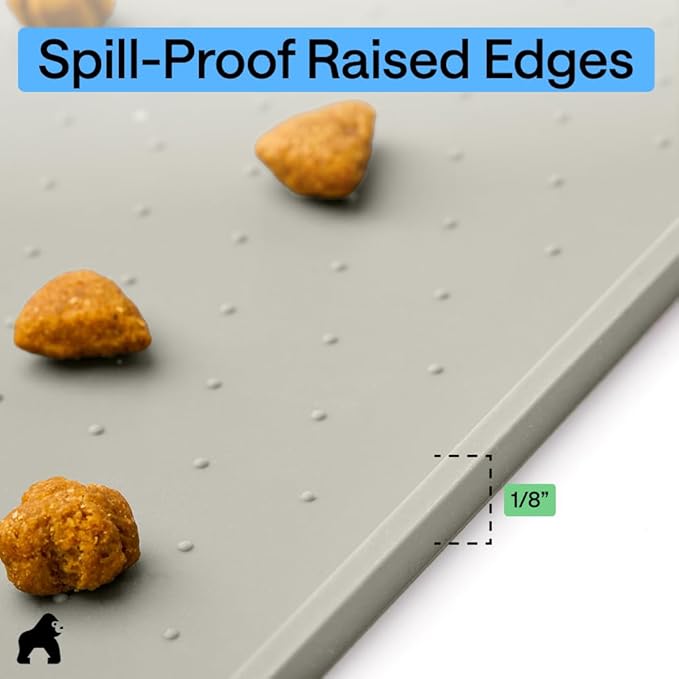 GORILLA GRIP 100% Waterproof Raised Edge BPA Free Silicone Pet Feeding Mat, Dog Cat Food Mats Contain Spills Protects Floors, Placemats for Cats, Dogs Water Bowl, Pets Accessories 16x10, Light Gray