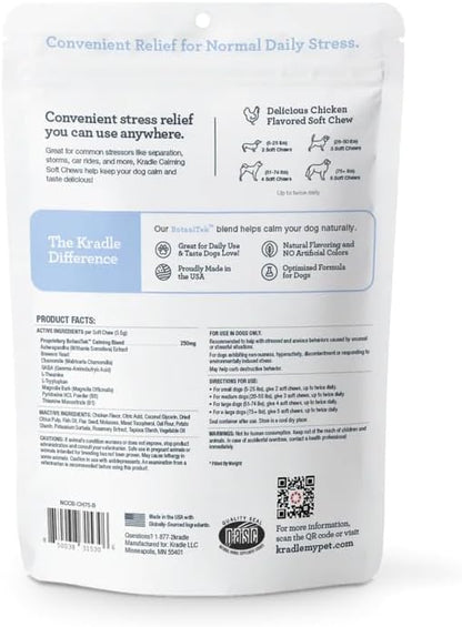Kradle Calming Chews for Dogs -Vet Formulated with L-Theanine, Ashwagandha and GABA for Managing Normal Stress and Promoting Relaxation - Chicken Flavored Calming Supplement - 75 Soft Chews