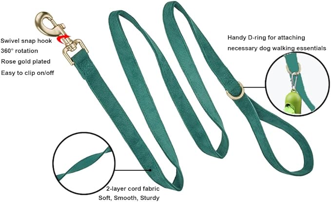 Soft Cotton Dog Leash, 5 Ft Heavy Duty Corduroy Dog Leashes with Gold Metal Hook for Small Medium Large Dogs,Small,Dark Green