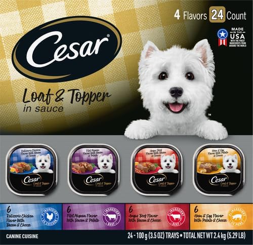 Cesar Loaf in Sauce Wet Dog Food Rotisserie Chicken,Filet Mignon,Angus Beef,and Ham & Egg Flavors Variety Pack,Wet Food for Dogs,3.5 oz Easy Peel Trays,24 Count (Pack of 2)