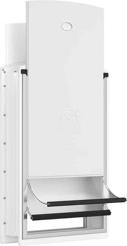 [Classicmacher] Dog Door for Door, All-Stainless Steel Frame Doggie Door with Double Soft Flaps and 2 Sliding ABS Panels, Easy to Install, Perfect for Large Dogs Under 110 LBS (White, Double Flaps)