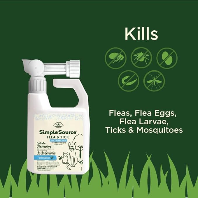 SimpleSource Flea & Tick Yard & Kennel Spray, Powered by Plants, Eliminates Fleas, Flea Eggs, Flea Larvae, Ticks, & Mosquitos, 32oz Bottle
