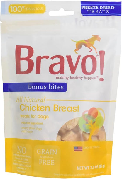Bravo! Bonus Bites Single Ingredient Freeze Dried Raw Dog Treats, Chicken Breast, 3 Ounce, High Protein, Grain Free, Gluten Free