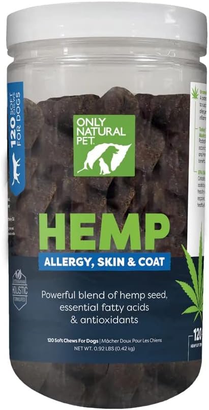 Only Natural Pet Allergy, Skin & Coat Hemp Soft Chews - Allergy Immune Bites for Dogs, Omega 3 Supplement, Calming Treats for Itchy Skin Relief, Hot Spot - (120 Count) (Al.)