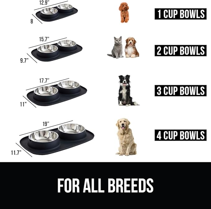 GORILLA GRIP Feeding Mat Bowl Set, 4 Cup 100% Waterproof BPA Free Silicone Base, 304 Stainless Steel Cat and Dog Bowls for Food and Water, Slip Resistant, High Edge, US Designed, Patent Pending, Black
