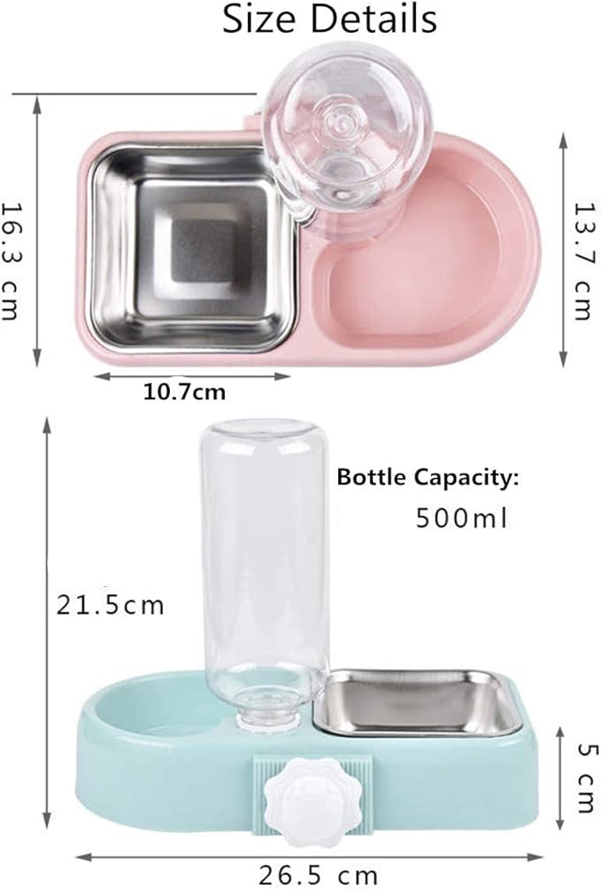 Cage Double Bowls, Crate Hanging, Dog Cat Bowl with Automatic Water Dispenser Bottle, Water and Food Bowl Set with Detachable Stainless Steel Bowl, Bird Pet Dog Cat Food Water Feeder (White)