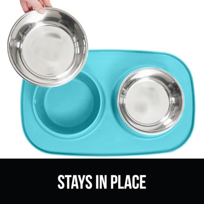 GORILLA GRIP Feeding Mat Bowl Set, 100% Waterproof BPA Free Silicone, 304 Stainless Steel Cat and Dog Bowls for Food and Water, Slip Resistant, High Edge, US Designed, Patent Pending, 1 Cup Turquoise