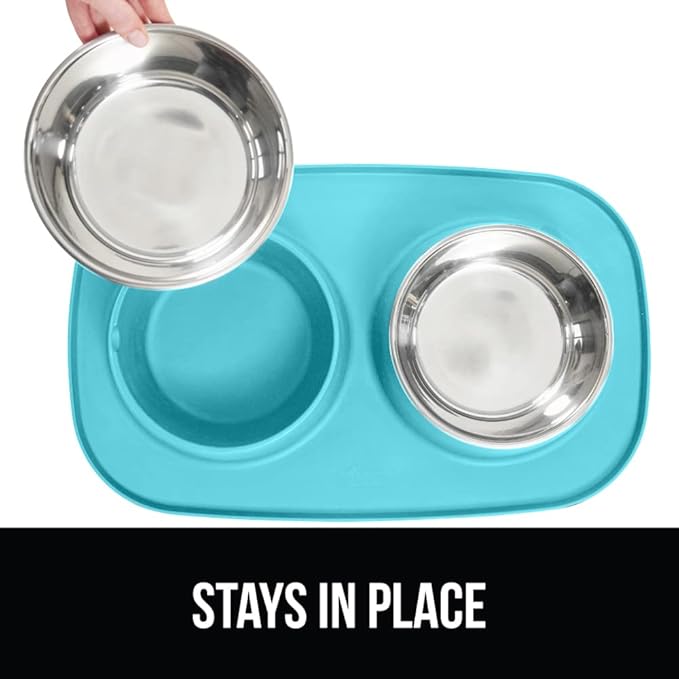 GORILLA GRIP Feeding Mat Bowl Set, 3 Cup 100% Waterproof BPA Free Silicone, 304 Stainless Steel Cat and Dog Bowls for Food and Water, Slip Resistant, High Edge, US Designed, Patent Pending, Turquoise