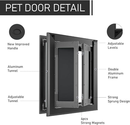 Aluminum French Large Dog Door, Heavy-Duty with Strong Double Magnetic Flaps & Aluminum Telescoping Tunnel, for Large/Medium Dogs Up to 110LBS - Black