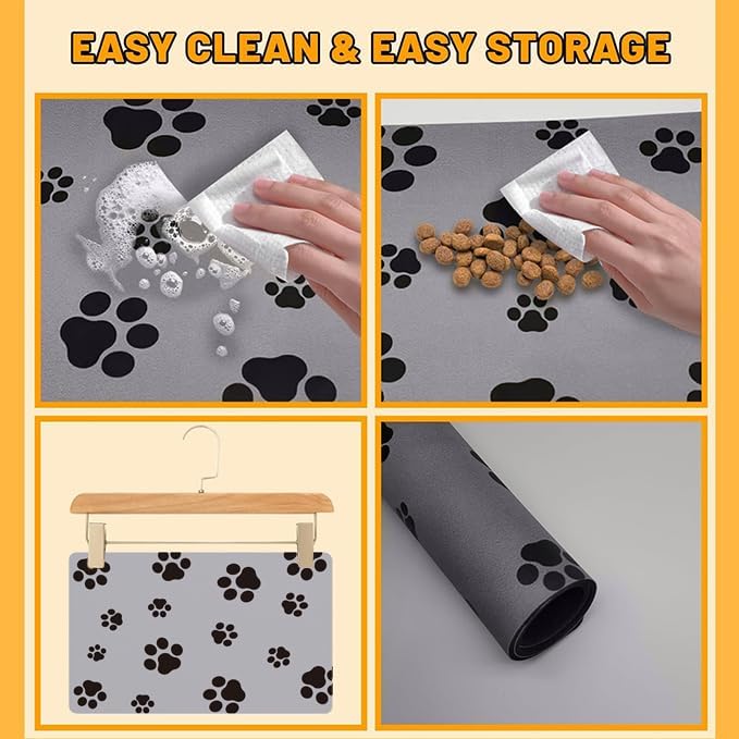 18"×30" Dog Food Mat-Absorbent Dog Mat for Food and Water, No Stains Quick Dry Cat Food Bowl Mat with Footprints for Messy Drinkers,Light Gray