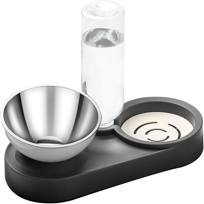 Marchul Stainless Steel Dog Cat Bowls, 15° Tilted Elevated Cat Food and Water Bowl Set with 500ml Gravity Bottle for Small Medium Pets, Leak-Proof