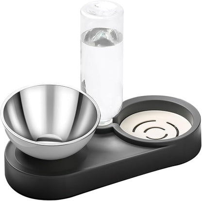 Marchul Stainless Steel Dog Cat Bowls, 15° Tilted Elevated Cat Food and Water Bowl Set with 500ml Gravity Bottle for Small Medium Pets, Leak-Proof
