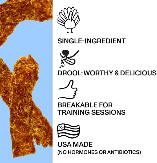 Spot & Tango Turkey Strips Dog Treats - Single Ingredient, 100% Turkey Breast - Air-Dried, Grain & Gluten-Free - USA-Made - for Small, Medium, and Large Dogs