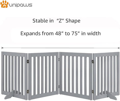 unipaws 24" H Free Standing Pet Gate for Dog Cat, Wooden Dog Gates for Doorway, Stairs, Step Over Foldable Pet Fence for The House, Expandable Barrier, Indoor Use, Grey