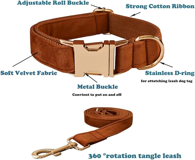 Love Dream Velvet Dog Collar and Leash Set, Soft & Comfy Adjustable Dog Leash and Collar with Heavy Duty Metal Buckle for Small Medium Large Dogs Training & Walking (XLarge, Copper Red)