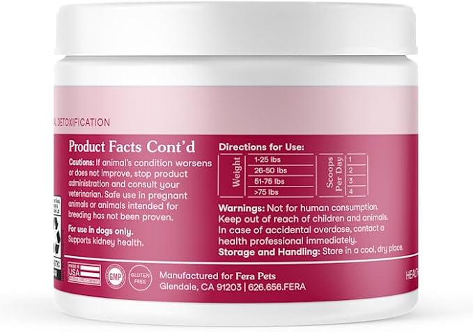 Fera Pets Dog Kidney Support Supplement with Antioxidants & Probiotics - Enhances Renal Health & Function - Promotes Regular Detoxification - Powder - 60 Scoops