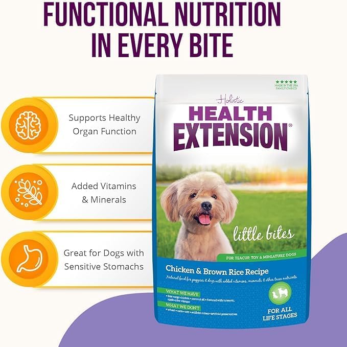 Health Extension Little Bites Dry Dog Food for Toy and Small Breeds, Chicken & Brown Rice Recipe, with Probiotics & Superfoods for Digestion & Coat Health, 4 lb Bag (Pack of 2)