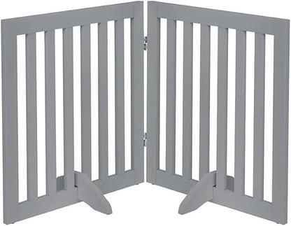 unipaws 24”H Free Standing Pet Gate for Dog Cat, Wooden Dog Gates for Doorway, Stairs, Step Over Foldable Pet Fence for The House, Expandable Doggy Barrier, Indoor Use, Grey