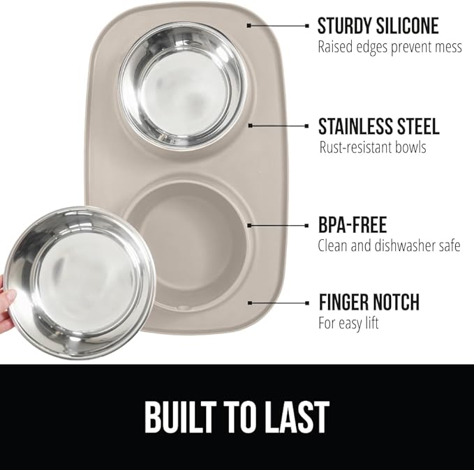 GORILLA GRIP Feeding Mat Bowl Set, 100% Waterproof BPA Free Silicone Base, 304 Stainless Steel Cat and Dog Bowls for Food and Water, Slip Resistant, High Edge, US Designed, Patent Pending, 1 Cup Beige