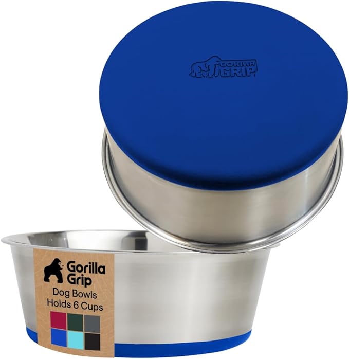 GORILLA GRIP Dog Bowls, Food Grade 304 Stainless Steel, Holds 6 Cups Each (48 fl oz) Food and Water Bowl for Feeding Dogs and Cats, Dishwasher Safe, Rust Resistant, BPA Free Rubber Base Set of 2 Blue