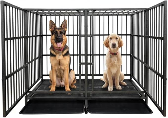BOLDBONE 54 inch Heavy Duty Indestructible and Escape-Proof Dog Crate Cage Kennel with Divider for 2 Large Dogs, High Anxiety Dog Crate with Removable Wires Trays and Wheels, Extra Large XL XXL