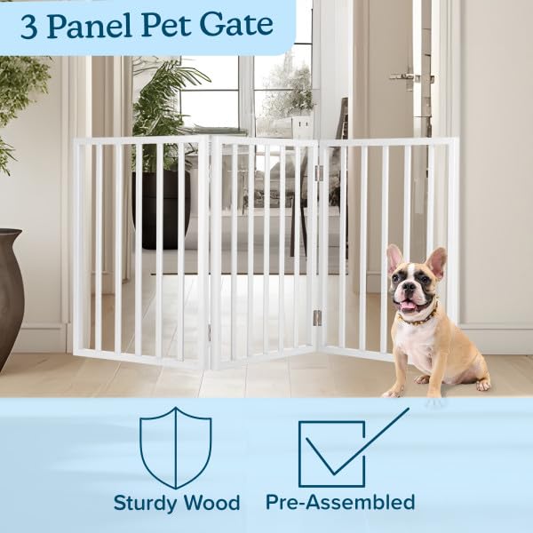 PETMAKER Pet Gate – Dog Gate for Doorways, Stairs or House– Freestanding, Folding, Accordion Style, Wooden Indoor Dog Fence (24-Inch, White)