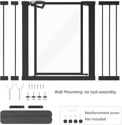 unipaws Clear Dog Gate for Doorway Stairs Wide Openings, Pressure Mounted Extra Wide Pet Door with Extension Parts, No Drilling Walk Through Gate, Indoor, Black