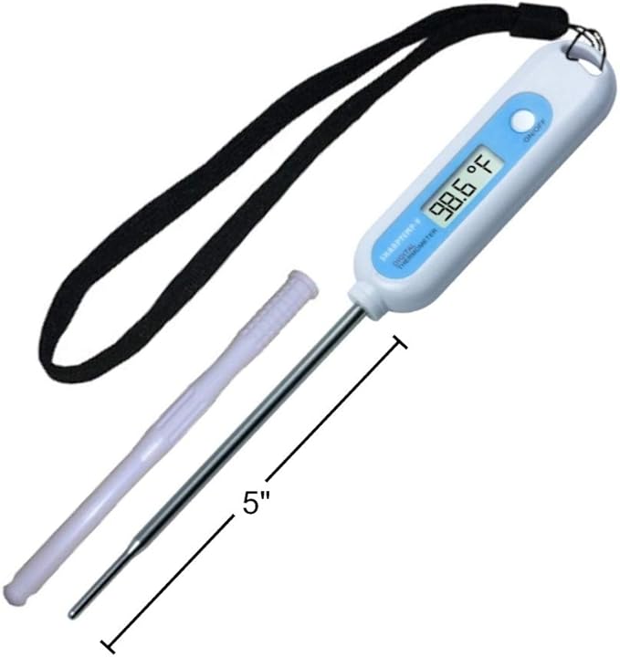 SHARPTEMP-V. Fast, Accurate Temperatures in 8 to10 Seconds. Beeps When Ready. 5-Inch Stainless-Steel Probe With Rounded Tip. Safe for All Farm Animals & Pets.
