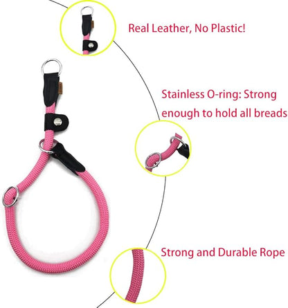 Braided Round Martingale Dog Collar, Training Collar with Slidable Stop Ring and Adjustable Stopper - Ideal for Extra Large Dogs (XL(1/2") - 24" Long, Pink)