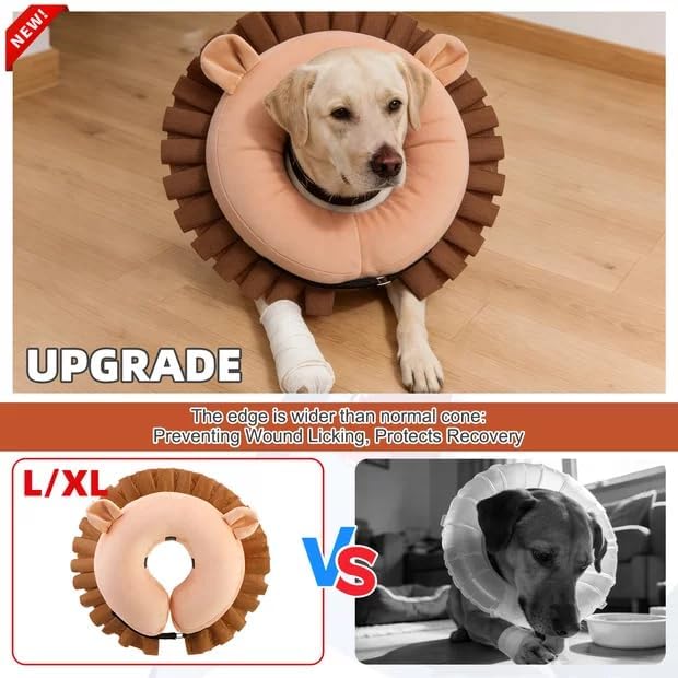 KOOLTAIL Inflatable Dog Cone Collar, Soft Donut E Collar for Dogs After Surgery to Stop Licking Enhanced Alternative, Blow Up Pet Neck Pillow Recovery Adjustable Cone for Dog Cat, Lion XL