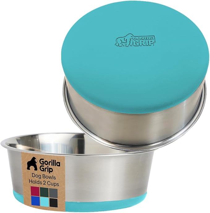 GORILLA GRIP Dog Bowls, Food Grade 304 Stainless Steel Holds 2 Cups Each (16 fl oz) Food and Water Bowl for Feeding Dogs and Cats Dishwasher Safe Rust Resistant BPA Free Rubber Base Set of 2 Turquoise