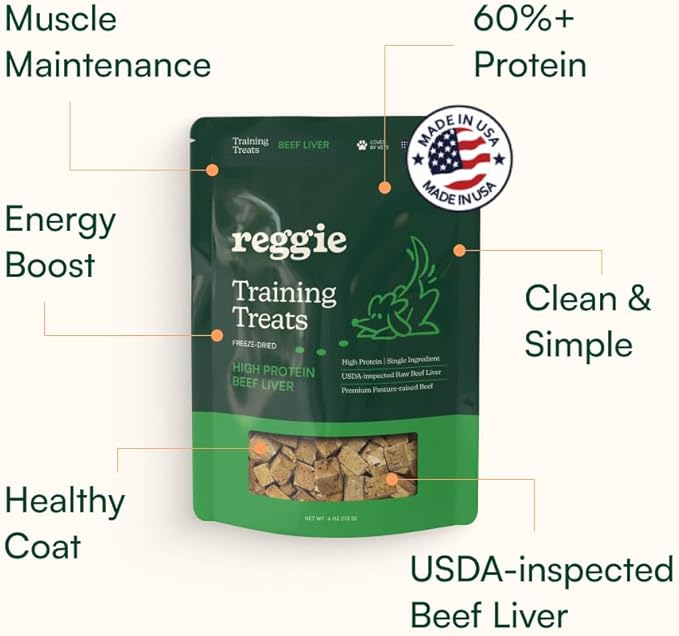 Reggie Freeze-Dried Beef Liver Treats Single Ingredient Dog Treats, High Protein Training Treats or Meal Topper for All Dogs, USDA-Inspected Beef Liver, Grain-Free, Gluten-Free, USA Made | 4OZ