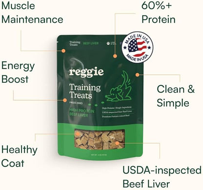 Reggie Freeze-Dried Beef Liver Treats Single Ingredient Dog Treats, High Protein Training Treats or Meal Topper for All Dogs, USDA-Inspected Beef Liver, Grain-Free, Gluten-Free, USA Made | 4OZ