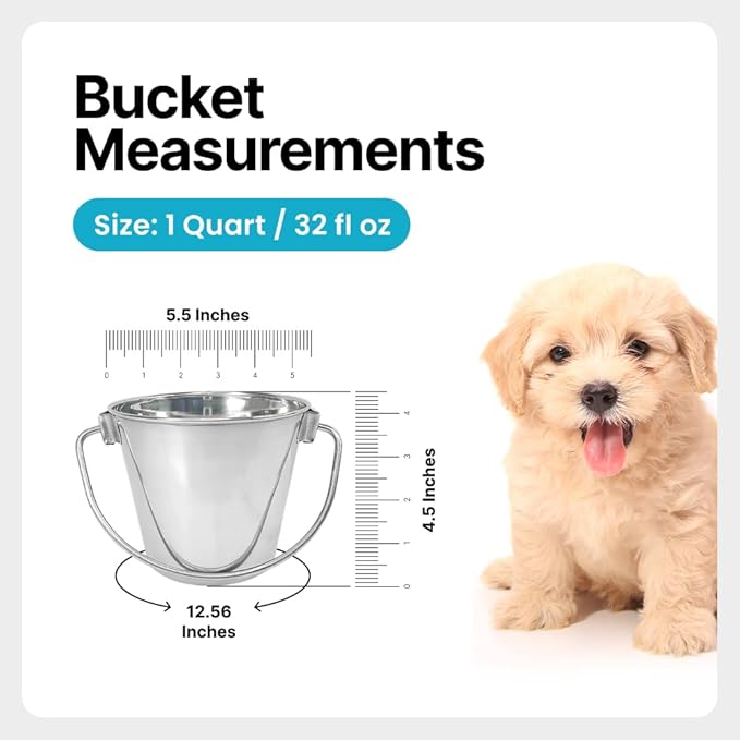 Heavy Duty Stainless Steel Bucket, 1 Quart – Durable Small Metal Bucket for Feeding, Watering Pets & Cleaning – Perfect for Kennels, Critter Crates, Cages and Hanging on Fences