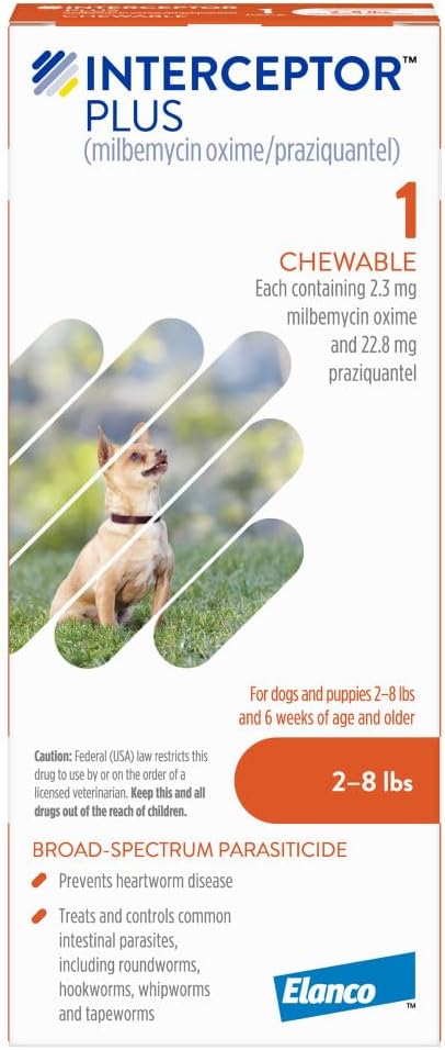 Interceptor Plus Prevention for Heartworm + 4 Other Worms for Dogs 2-8 lbs. | 1 Chew, 1-Month Supply