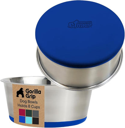 GORILLA GRIP Dog Bowls, Food Grade 304 Stainless Steel, Holds 8 Cups Each (64 fl oz) Food and Water Bowl for Feeding Dogs and Cats, Dishwasher Safe, Rust Resistant, BPA Free Rubber Base Set of 2 Blue