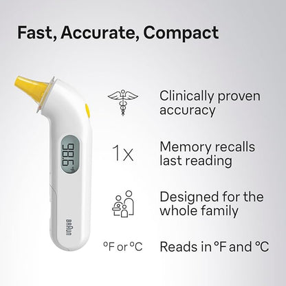 Braun ThermoScan 3 Ear Thermometer, Fast 1 Second Measurement, Audio Fever Indicator, Digital Display, Baby and Infant Friendly, No. 1 Brand Recommended by Pediatricians