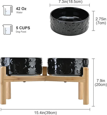 SPUNKYJUNKY Elevated Dog Bowls Ceramic, 7.3'' Dogs Food Water Bowls Raised with Non-Slip Bamboo Stand for Medium to Large Sized Breed Microwave Dishwasher Safe - 42 OZ,Skull Black