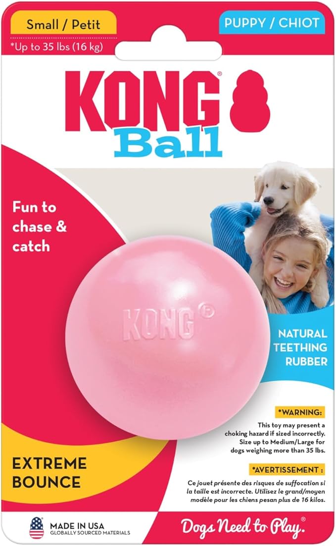 KONG Puppy Ball w/ Hole - Soft & Durable Activity Ball for Puppies - Dog Toy Supports Healthy Exercise & Interactive Play - Dog Toy for Natural Teething - For Small Puppies - Assorted Colors