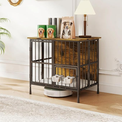 Hadulcet Foldable Dog Crate Furniture, No Assembly Indoor Dog Kennel with Storage Top, Wooden Dog Crate Table for Small to Medium Dogs, 27.55” Furniture Style Dog Cage with 2 Bowls Rustic Brown