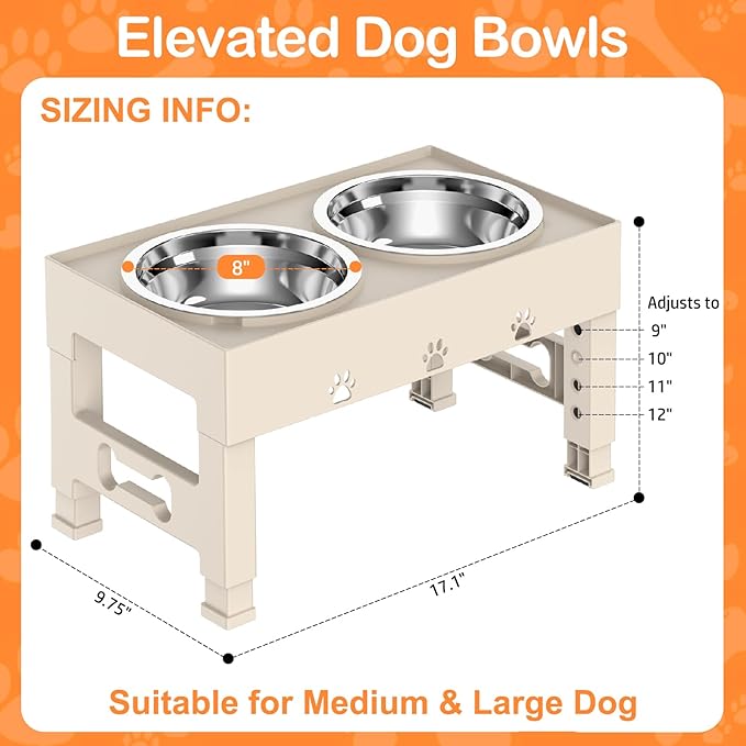 Elevated Dog Bowls with 2 Stainless Steel Bowls, 5-Height Adjustable Stand (3.1", 9" to 12"), for Improved Digestion & Neck Support, Easy Clean, Non-Slip Base Raised Feeder for Medium Large Dogs