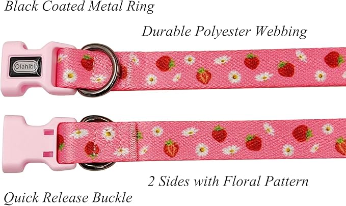 Dog Collar Leash Set, Floral Pattern, Polyester Material, Adjustable Collar and 5ft Matchcing Leash, for Puppy Dogs.(XS, Daisy and Strawberry)