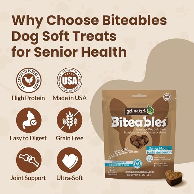 Get Naked Biteables Senior Health Soft Dog Treats, Real Chicken Treat for Toothless Dogs, 6oz 1 Pouch