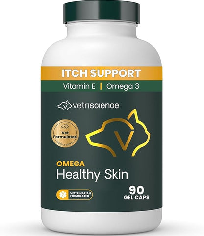 VetriScience Omega Healthy Skin and Coat Capsules, 3,6,9 Fish Oil Supplement for Dogs and Cats, Reduce Shedding, Over 750 mg Omega Fatty Acids per Capsule, Gel Caps, 90 Count