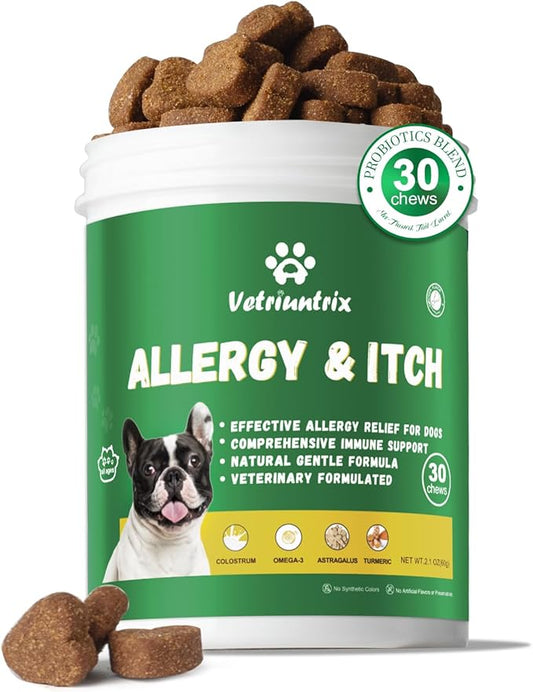 Dog Allergy Chews, Dog Allergy Relief Chews Coat Supplement for Itchy Skin Paw Licking, Probiotics for Dogs with Colostrum Omega-3 Turmeric Immune Supplement-30ct